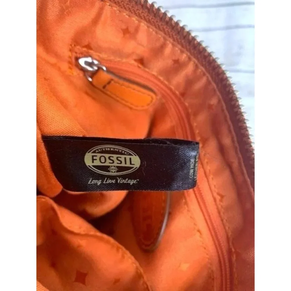 Orange Fossil Leather Crossbody Bag with‎ Front Turn Lock Pocket